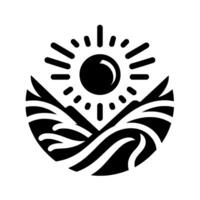 Stylized black and white illustration of a radiant sun rising over rolling waves and stylized landforms within a circular frame, conveying a sense of peace. vector