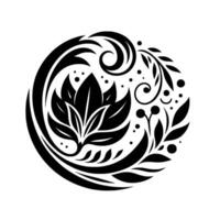 A stylized, symmetrical botanical emblem of a lotus flower with stylized leaves, swirls, and dots, contained within a circle, rendered in highcontrast black and white. vector