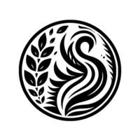Abstract black and white circular emblem featuring stylized foliage with leaves and flowing, curved elements suggestive of a birds form on a white background. vector