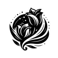A stylized black and white floral composed of flowing leaves and petals arranged in an oval shape, dotted with small circles. vector