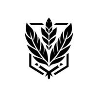 Minimalist Black and White Emblem Abstract Wheat and Feather within a Geometric Shield, evoking strength and natural beauty. vector