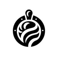 A minimalist black and white featuring a stylized, swirling enclosed within a circular frame, topped by a handlelike element and punctuated by small white dots. vector