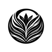A minimalist, symmetrical black and white illustration featuring a stylized plantlike within a circular frame. The composition emphasizes graceful lines and nature. vector