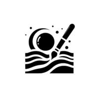 A black and white minimalist depicting a painters brush touching a sphere within a crescent moon shape above stylized water, representing art creation. vector
