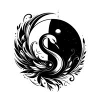 Elegant black and white illustration Swan gracefully positioned within a YinYang symbol, surrounded by detailed, stylized foliage and celestial elements. vector