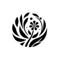 A minimalist, stylized black and white circular floral design, depicting a centered flower surrounded by curved leaves and small dots, set against a clean white background. vector