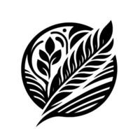 Circular Black and White Featuring Stylized Feather and Foliage Elements Within a Circle, Illustrating Nature vector