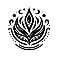 Intricate Black and White Mandala Featuring a Central FlameLike Motif, Crescent Moons, and Decorative Dots in a Circular Composition vector