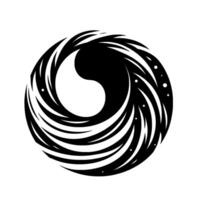 A monochromatic, abstract featuring a stylized yin and yang symbol within a dynamic, swirling vortex of black lines on a white background, conveying balance and movement. vector