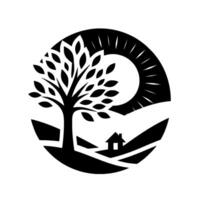 Stylized black and white within a circle, depicting a tree, rolling hills, a house, and a radiant sun, evoking nature and serenity. vector