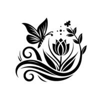 Elegant Black and White Floral Design Butterfly, Tulip, and Flourish Elements, Decorative with Artistic Composition. vector