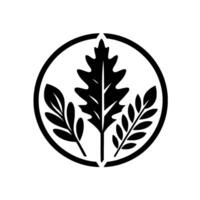 Monochromatic botanical emblem showcasing three stylized leavesoak, and two other foliage elementswithin a circular frame, evoking natures elegant simplicity. vector