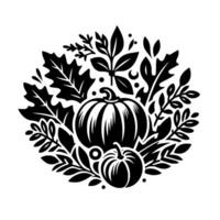 A symmetrical, stylized monochrome illustration showcasing a bountiful autumn harvest composition, centered by two pumpkins with detailed foliage and leaves. vector