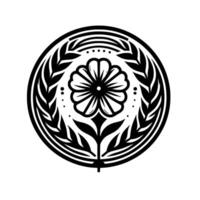 Black and White Floral Medallion A symmetrical, stylized illustration of a centered flower surrounded by laurellike leaves and concentric circles, creating a circular emblem. vector