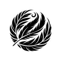A stylized, monochrome showcasing a spherical arrangement of stylized feathers, emanating from a central quill, against a stark white backdrop. vector