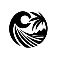 A stylized black and white tropical scene featuring a wave, sun, palm tree, and mountains, all encapsulated within a circle. vector