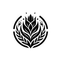 Intricate Black Floral Emblem within a Circle A minimalist featuring stylized leaves and petals. vector