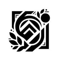 Intricate geometric composition featuring abstract shapes within a square frame, adorned with leaflike elements and a central symbolic design. vector