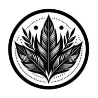 A symmetrical black and white botanical emblem, featuring stylized feathers and foliage arranged within a dotted circular frame, evoking a sense of elegance and organic design. vector