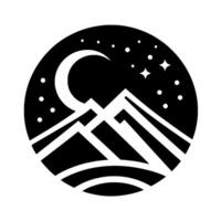 A minimalist, circular emblem depicts a mountain range beneath a crescent moon and starry night sky, in bold black and white. vector