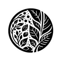 Intricate, symmetrical black and white circular featuring stylized leaves, berries, and buds, evoking a sense of organic harmony and natures beauty. vector