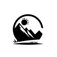 A minimalist featuring a stylized mountain range with sun, grass, and a partial circular frame in a stark black and white aesthetic. vector