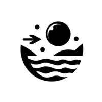 Abstract monochrome depicting a circular landscape with sun, sea, islands, and an arrow, conveying forward motion and natural elements. vector