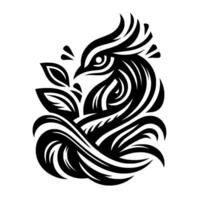 A stylized black and white illustration of a bird intertwined with foliage, conveying elegance and simplicity. vector