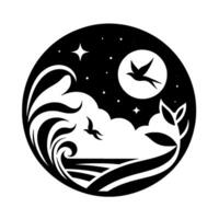A circular minimalist illustration depicting a serene night scene, showcasing the ocean waves, birds in flight, a full moon, stars and stylized plant life, all in a monochrome palette. vector