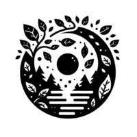 Circular Black and White Illustration Forest Scene with Trees, Lake, Leaves, and Branches Framing a Central Dark Orb. vector