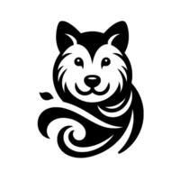 A minimalist black and white of a smiling, friendly husky dog head with swirling elements, perfect for branding. vector