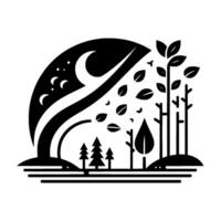 Monochromatic Nature Silhouette Abstract showcasing a stylized tree merging into a nightscape with crescent moon and falling leaves, incorporating minimalist forest elements. vector