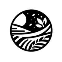 A stylized, circular black and white illustration depicting a serene landscape within a circle, featuring fields, leaves, a moon, and a starry sky, evoking a sense of calm. vector