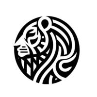 A minimalist, stylized lions head , crafted from interwoven black lines within a circular frame, set against a stark white backdrop. vector
