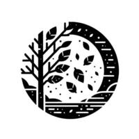 A minimalist, black and white circular illustration depicting a tree with falling leaves, a landscape, and an overall sense of serenity. vector