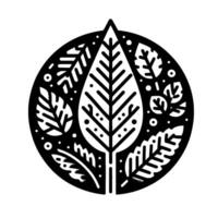 Elegant Black White Botanical Illustration Leafy Composition Within a Circle, Evoking Nature, Simplicity, and Harmony. vector