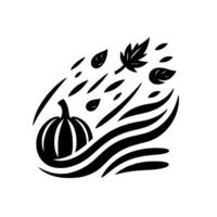 A minimalist autumn illustration featuring a pumpkin, falling leaves, and stylized wind elements in stark black and white, capturing seasonal change. vector