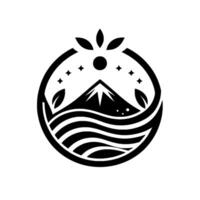 A minimalistic black and white featuring a mountain peak, sun, leaves, stars, and water within a circular frame, conveying natures beauty. vector