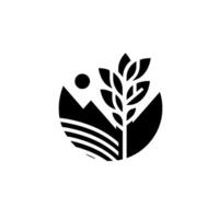 Stylized Black White Depicting a Mountain Landscape, Sun, and Wheat Stalks Within a Circle, Representing Nature and Growth. vector