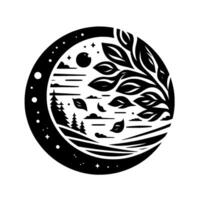 Stylized black and white circular artwork featuring a tree, forest, sky, stars, and moonscape elements within a moonlike frame. vector