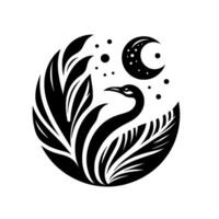 Elegant Black and White Circular Composition A graceful swan amidst stylized foliage, under a crescent moon and scattered stars. vector