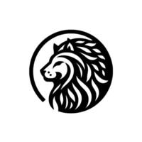 A stylized black and white lion head profile enclosed within a circle, showcasing a minimalist yet powerful with flowing mane details. vector