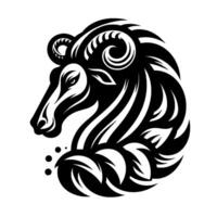 Stylized Ram Head in Black and White with Intricate Curved Lines, Horns, and Ornamental on a Plain White Background, Emphasizing Form. vector