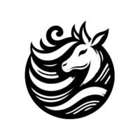 A stylized monochrome circular of a horses head, crafted with flowing mane and tail, showcasing a modern, minimalist aesthetic. vector