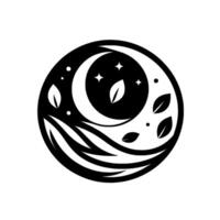 A stylized celestial scene within a circle, featuring a crescent moon, stars, leaves, and flowing lines, conveying tranquility. vector