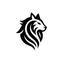 A stylized, minimalist black and white wolf head , featuring clean lines, a powerful yet elegant profile, and a flowing mane, presented on a stark white background. vector
