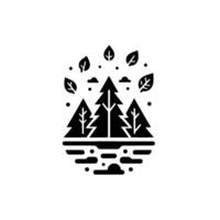 Minimalist Monochrome Illustration of a Forest Scene Three Evergreen Trees, Leaves, and Clouds in a Circular Arrangement. vector
