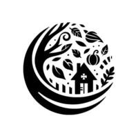 A stylized black and white illustration of a cozy autumn scene within a circular frame, featuring a house, tree, leaves, and a pumpkin. vector