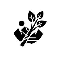 A minimalist, monochromatic featuring a stylized tree with leaves sprouting from a mountain range, set under a sun. vector