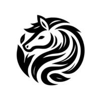 A stylized emblem features a black and white horse head within a circular frame of flowing, leaflike elements, conveying elegance and vitality. vector
